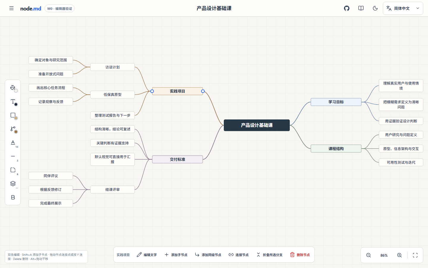 NodeMD 中文 Web UI 展示可编辑的 Markdown 思维导图